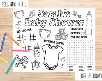 Baby Shower Printable Placemat Activity, Editable Baby Shower placemat, Printable Baby Shower coloring for kids, Baby Shower Games