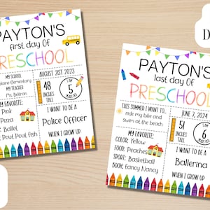以下が含まれることがあります： 2 つの印刷可能な未就学児のマイルストーンサイン。1 つのサインには「Payton's first day of Preschool」と書かれており、もう 1 つには「Payton's last day of Preschool」と書かれています。最初のサインにはペイトンは身長122cmと書かれており、2番目のサインには130cmと書かれています。
