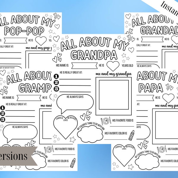 All About My Grandpa Questionnaire, All About My Papa, Grandpa Fathers Day Gift, Gift for Grandpa from Kids, Grandparents Day Printable