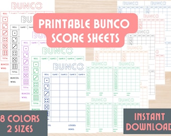 May include: Printable Bunco score sheets in eight different colors. The score sheets are designed for a game of Bunco, a dice game. The sheets are available in two sizes. Instant download.