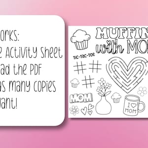 Puede incluir: Hoja de actividades imprimible en blanco y negro para ni&ntilde;os con un laberinto tem&aacute;tico de muffins, un juego de tres en raya y una actividad de conteo de "&iquest;Cu&aacute;ntos muffins puedes encontrar?" La hoja tambi&eacute;n incluye el texto "Muffins con mam&aacute;".