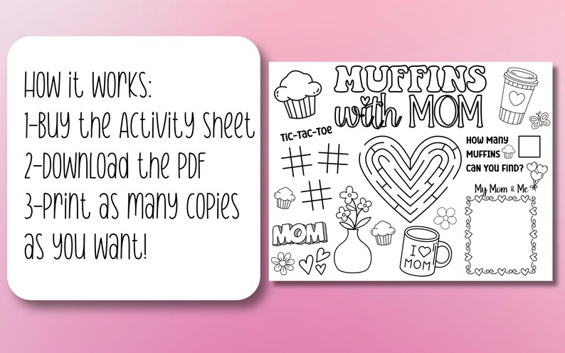 Puede incluir: Hoja de actividades imprimible en blanco y negro para ni&ntilde;os con un laberinto tem&aacute;tico de muffins, un juego de tres en raya y una actividad de conteo de "&iquest;Cu&aacute;ntos muffins puedes encontrar?" La hoja tambi&eacute;n incluye el texto "Muffins con mam&aacute;".