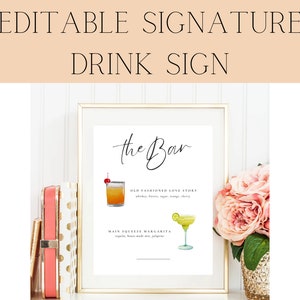 Signature Drink Sign, Bar Menu Template, Minimalist Printable Bar Menu, Modern Editable Drink Menu Template, Ready to Use Drink Images