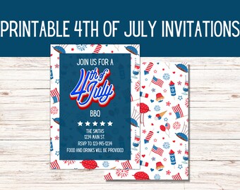 4 juli afdrukbare uitnodigingen voor een feest, 4 juli BBQ-uitnodigingen, afdrukbare 4 juli uitnodigingen, patriottische uitnodigingen, USA Party
