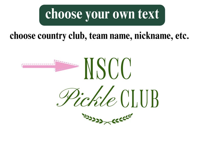 Pu&ograve; includere: Un design verde e bianco con il testo "NSCC Pickle CLUB" e una freccia rosa che punta al testo. Il design &egrave; per una squadra o un club di pickleball.