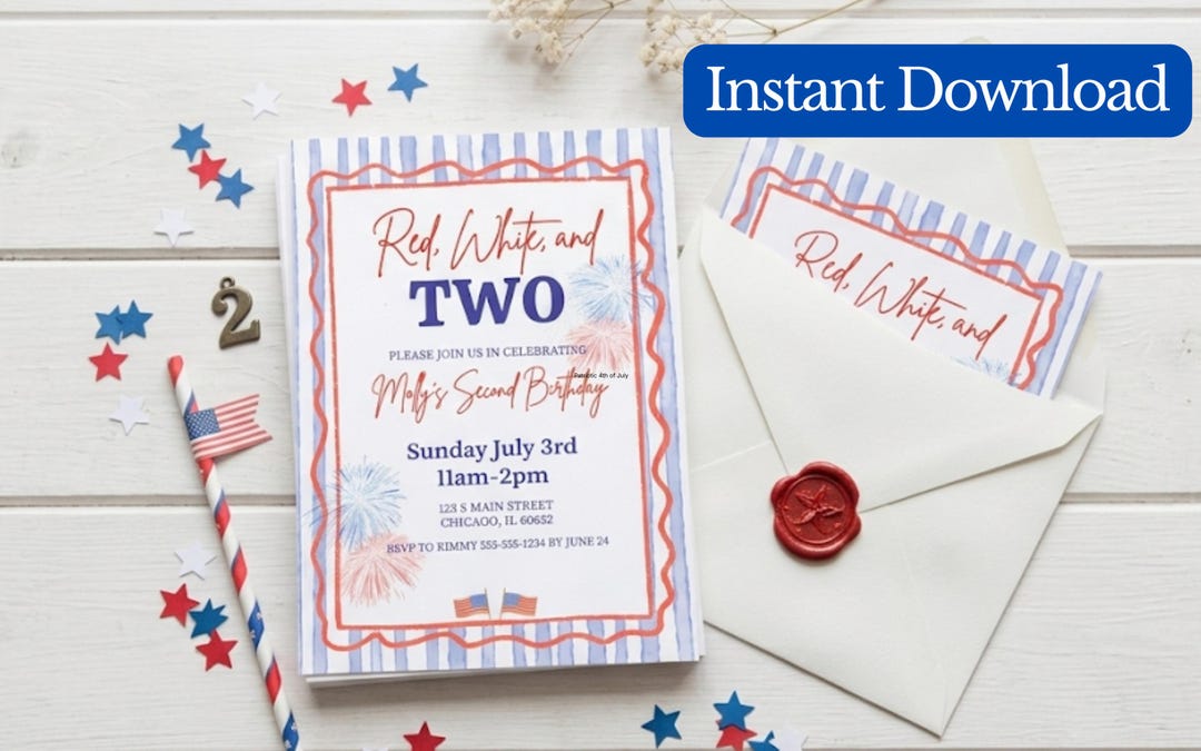 Red White and Two Birthday Invitation, 4th of July 2nd Birthday Invite ...
