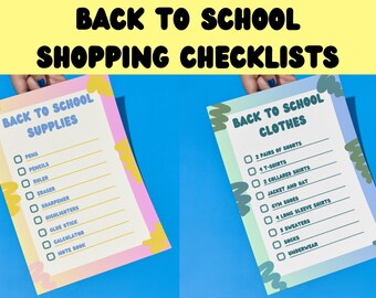 May include: Two checklists for back to school shopping. The pink checklist is for school supplies and includes items like pens, pencils, rulers, erasers, sharpeners, highlighters, glue sticks, calculators, and notebooks. The blue checklist is for clothes and includes items like shorts, t-shirts, collared shirts, a jacket and hat, gym shoes, long sleeve shirts, sweaters, socks, and underwear.