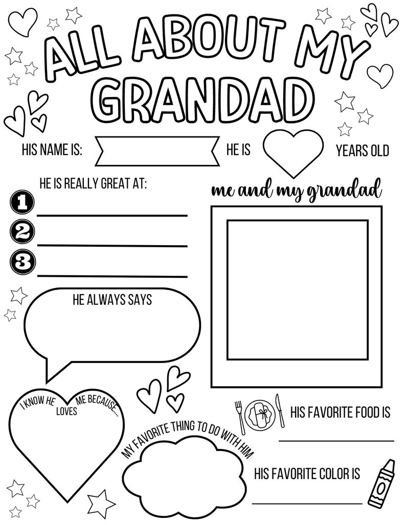 May include: A printable worksheet for kids to fill out about their granddad. The worksheet has sections for the granddad's name, age, favorite food, favorite color, and things they are good at. It also has a space for a picture of the granddad and a space for the child to write about what they love about their granddad.