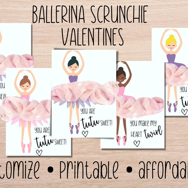 Ballerina Valentine, Tutu Valentine, Scruchie Ballerina Valentine, Printable Valentine, Affordable Valentine, Diverse Valentine