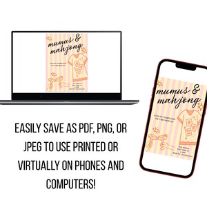 May include: A digital advertisement for "mumus & mahjong" displayed on a laptop and a smartphone. The design features a pink and white striped background with illustrations of a shirt, champagne glasses, and mahjong tiles. Text includes "mumus & mahjong" and instructions to save as PDF, PNG, or JPEG.