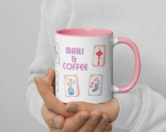 Pink and Blue Mahjong Coffee Mug, , Mahjong Lover Gift, Unique Ceramic Mug, Mahjong Player Present, Mahjong Coffee Mug