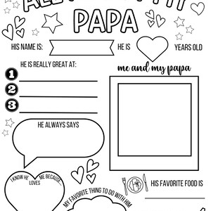 May include: A printable worksheet for kids to fill out about their dad. The worksheet has sections for the dad's name, age, favorite food, favorite color, and things the child loves about their dad. The worksheet also includes a space for a photo of the dad and child.