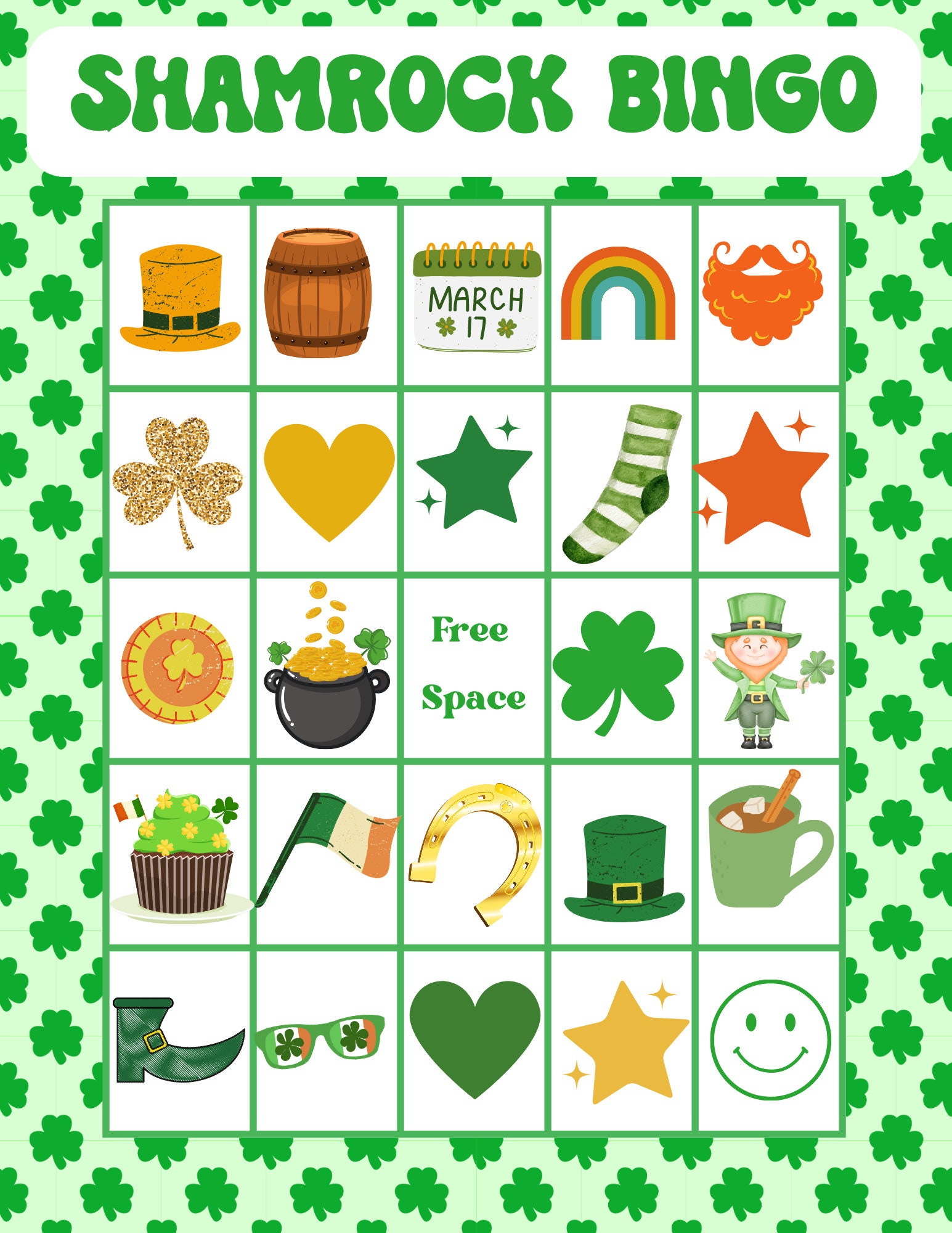 st patrick's day bingo for kids digital instant download, lucky
