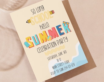 Invitación a la fiesta de fin de curso, Hola verano, fin de la escuela, colorido, océano, verano DIGITAL EDITABLE Invitación 5" x 7" ¡Edite hoy!