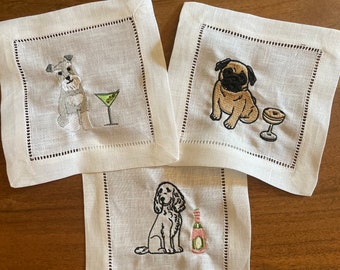 Tipsy Dogs Cocktail Napkins - Drinking Dogs - Custom Linen Cocktail Napkins - Custom Embroidered Linen Cocktail Napkins (Set of 4)