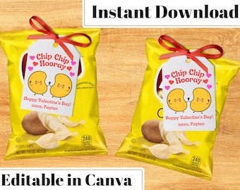 Kinder Valentinstag Chip Chip Hooray Valentinstag Tags | Chip-Tags | Snack Tags für Klassenzimmer | Kinder Valentinstag | Druckbare Valentinstag Tag