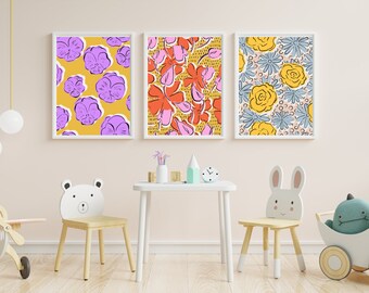 Set of 11 Kids Floral Art Collection, Kids Flower Art, Kids Floral Posters, Kids Floral Prints, Nursery Gallery Wall, Playroom Decor