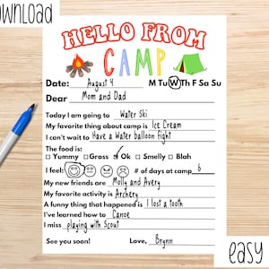 Carta imprimible del campamento de verano, Carta imprimible del campamento, Papelería del campamento de verano, Complete la carta en blanco, Carta de correo postal, Carta de verano