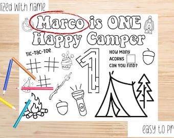 ONE Happy Camper Birthday Coloring Sheet- Personalized First Birthday Activity Page - One Happy Camper Party - One Happy Camper Activity