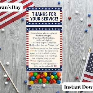 May include: A patriotic Veteran's Day gift bag with the text "THANKS FOR YOUR SERVICE!" and a poem. The bag contains colorful candies. American flags and red, white, and blue decorations are scattered around.