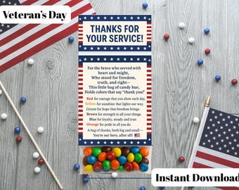 Veteran Candy Poem Printable, Patriotic Treat Bag Topper, Military Appreciation Gift, Veterans Day Candy Bag Tag, Veteran's Day Printable