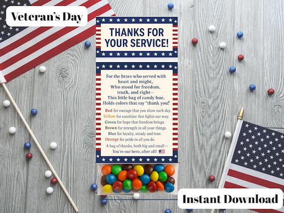 Veteran Candy Poem Printable, Patriotic Treat Bag Topper, Military Appreciation Gift, Veterans Day Candy Bag Tag, Veteran's Day Printable