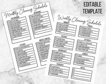 May include: A printable cleaning schedule checklist with a black and white design. The checklist is divided into two sections: Monthly Cleaning Schedule and Weekly Cleaning Schedule. The Monthly Cleaning Schedule includes tasks for bathrooms, bedrooms, kitchen, and miscellaneous areas. The Weekly Cleaning Schedule includes tasks for each day of the week, including Monday, Tuesday, Wednesday, Thursday, Friday, Saturday, and Sunday.