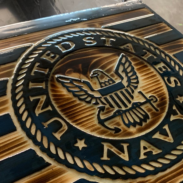 American Flag with Navy emblem, name/rank/years of service