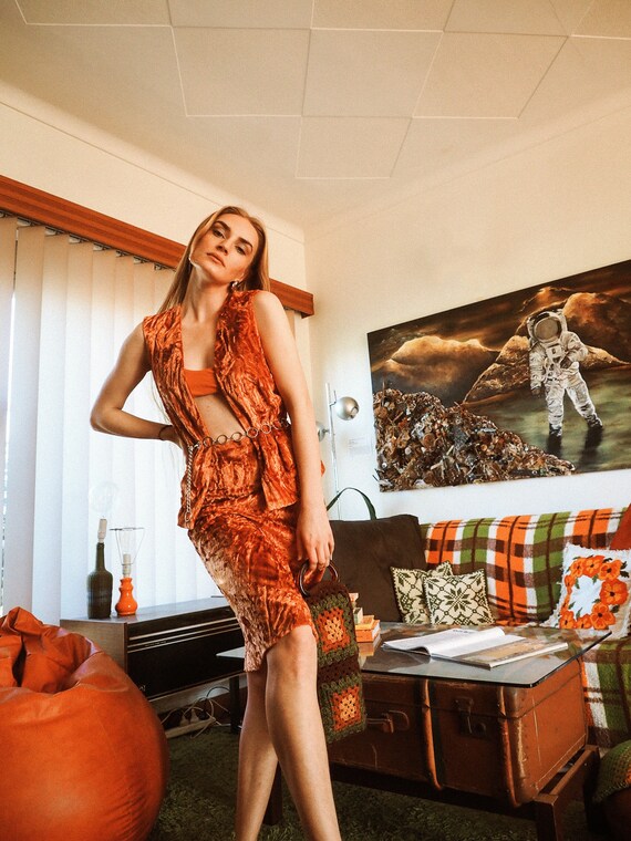 70s crushed velvet orange two piece suit