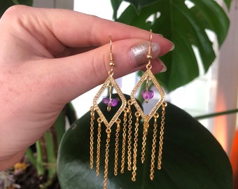 Gold Chandelier Earrings • Dangly Gold Earrings • Sun Goddess Earrings • Ethereal Jewelry • Gold Plated Jewelry • Boho gemstone earrings