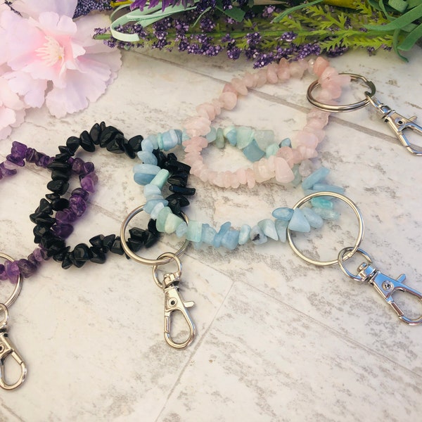 Crystal bracelet • Gemstone Keychain Wristlet • Rose Quartz • Amethyst • Aquamarine • Obsidian • Witchy Jewelry • Travel Protection