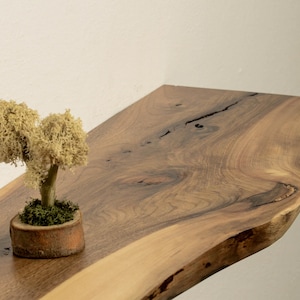 Aged Walnut Live Edge Mantel - Floating Wall Mounted Raw Edge Long Mantle with Hidden Bracket
