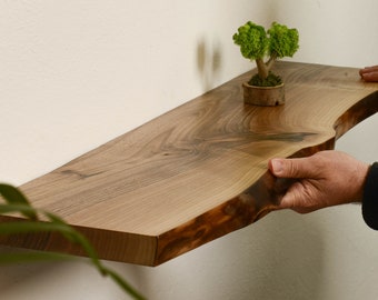 Étagère flottante rustique Live Edge - étagère Scandi en bois de noyer pour étagères à livres - étagère rustique en bois massif avec support caché