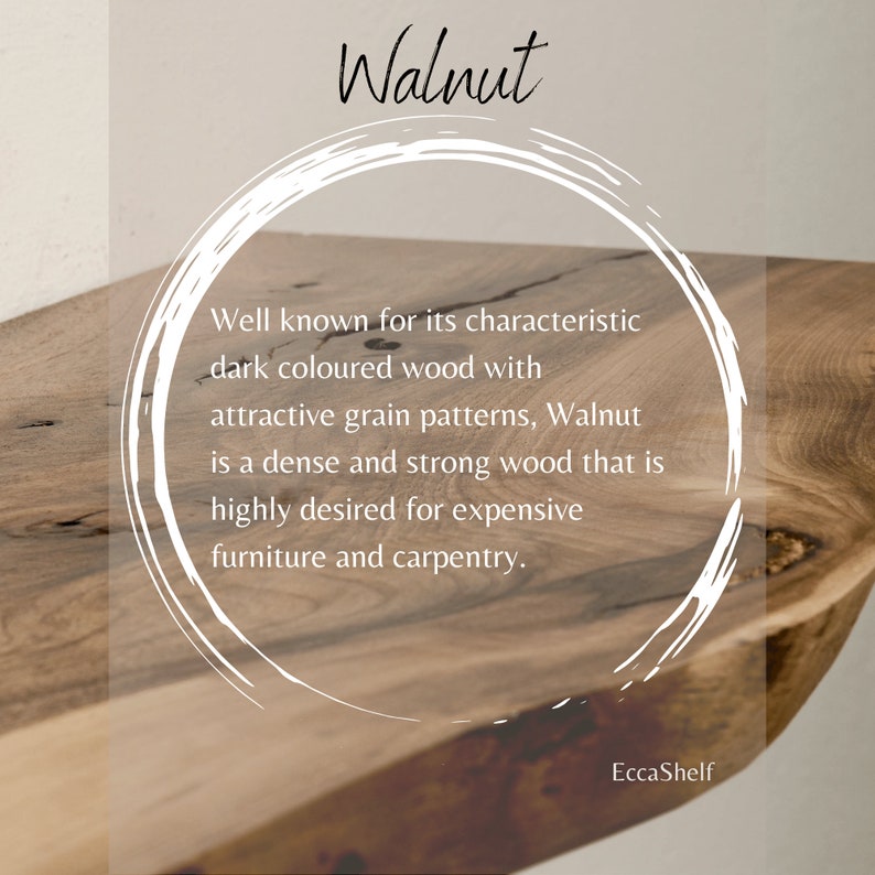 K&ouml;nnte beinhalten: Eine Nahaufnahme einer Walnussholz-Regal mit einer nat&uuml;rlichen Kante. Das Holz hat eine satte braune Farbe und eine sch&ouml;ne Maserung. Der Text "Walnut" ist oben im Bild in Wei&szlig; geschrieben. Der Text "Well known for its characteristic dark coloured wood with attractive grain patterns, Walnut is a dense and strong wood that is highly desired for expensive furniture and carpentry." ist in Wei&szlig; in einem Kreis geschrieben. Der Text "EccaShelf" ist unten im Bild in Wei&szlig; geschrieben.
