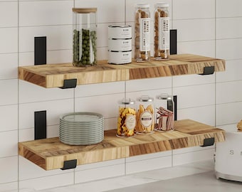 Heavy Duty Floating Shelves for Kitchen- Large Floating Shelves made of Natural Wood - Set of 2 Wood Shelf 24inch L X 11inch D