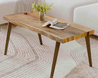 Live Edge Walnut Coffe Table, Rustic Wood Coffee Table with Wooden Legs, Single Slab Coffee Table - Real Walnut, Living Room Coffee Table