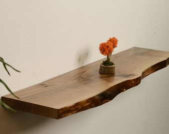 Estante flotante pequeño o largo Boho Home - Decoración de pared de nogal macizo con soportes / Estantería de libros de borde vivo grande Estantes de pared fáciles de instalar