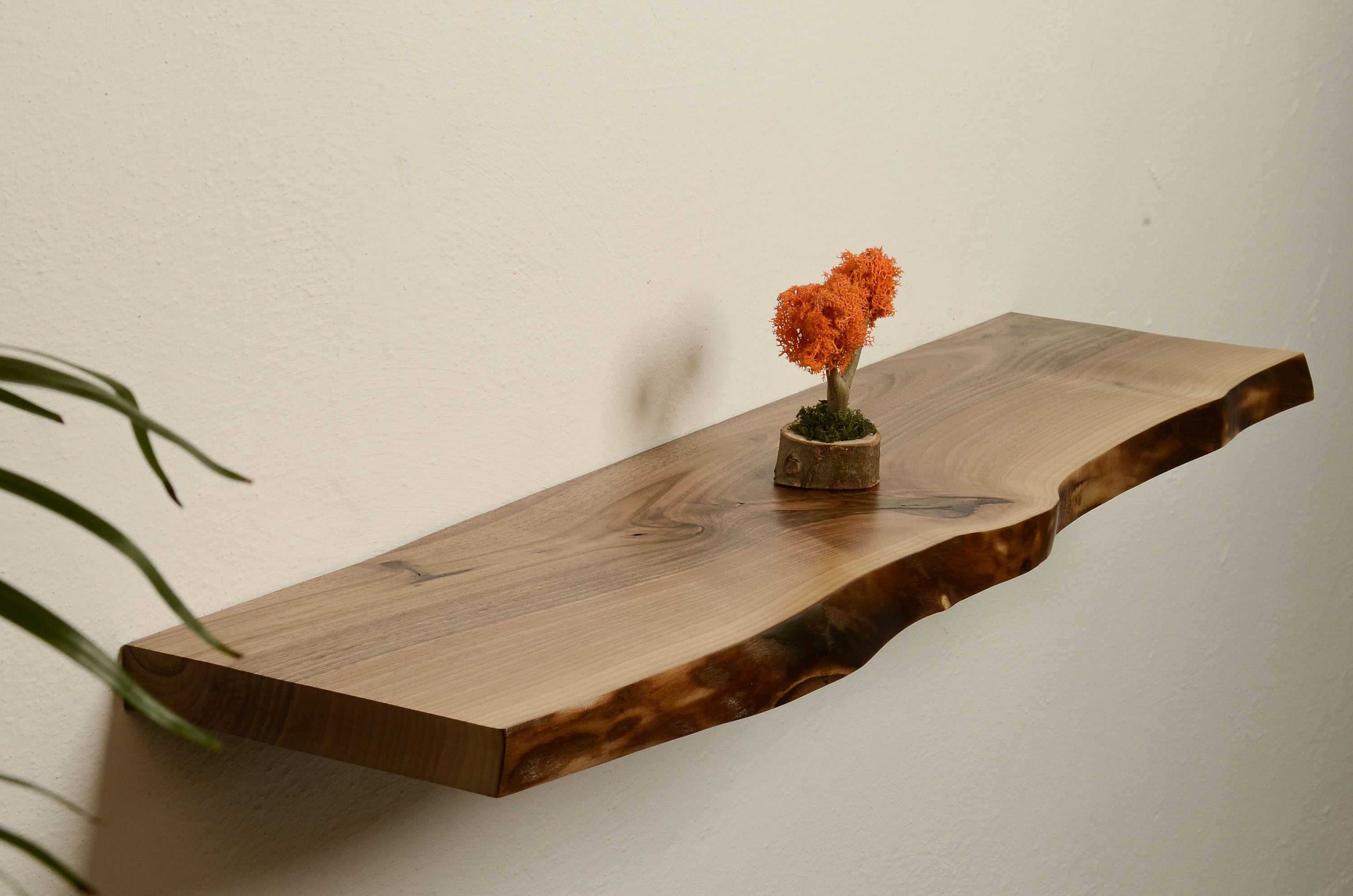 Decoración de pared de nogal con borde natural, decoración de pared de madera bohemia, arte de pared bohemio, estilo rústico, estante de pared, decoración de pared bohemia con soporte