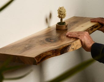 Rustic Wood Wall Decor for Shelving Living room Floating Live Edge Wood Shelf for Wall, Raw Edge Walnut Shelf Long Wood Floating Shelves