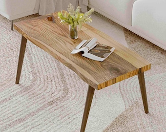 Live Edge Rustic Coffee Table,Raw Edge Natural Wood Coffee Table with Wooden Legs, Walnut Slab Coffee Table - Living Room Coffee Table