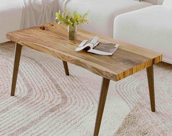 Raw Edge Coffee Table, Walnut Wood Coffee Table with Wooden Legs, Slab Coffee Table - Living Room Coffee Table