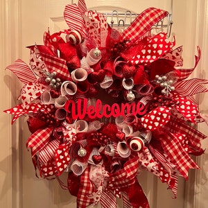 Valentine's Day "Welcome" Red & White Heart Deco Mesh Wreath Large "welcome"