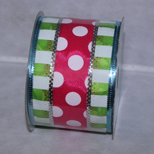 Hot Pink Lime Green White Polka Dots  2.5 in wired ribbon NWT (10 yards)