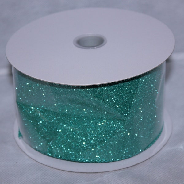 Turquoise seafoam green chunky glitter 2.5 in wired ribbon NEW