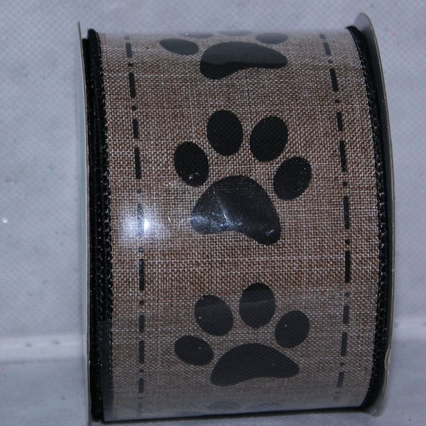 Dog Paw Prints beige with black  2.5 in wired ribbon NWT (10 yards)