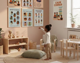 May include: A child's playroom featuring educational posters with phrases such as "Calm Corner" and "My Feelings Map." A wooden shelf displays toys, and a round rug is on the floor. A child is pointing towards the posters, creating a learning environment.