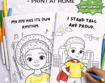 May include: A printable coloring book with the text "Instant Download" and "Print at Home." The book features two illustrations: one with a child wearing headphones and the text "My Joy Has Its Own Rhythm," and another with a child in a cape and the text "I Stand Tall and Proud."