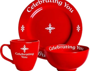 Celebrating You 3 Piece Collection: Red Plate, Red Mug, and Red Bowl