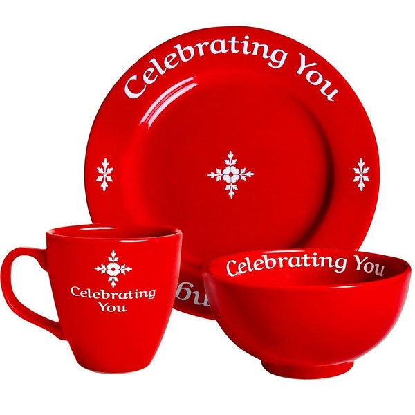 Celebrating You 3 Piece Collection: Red Plate, Red Mug, and Red Bowl