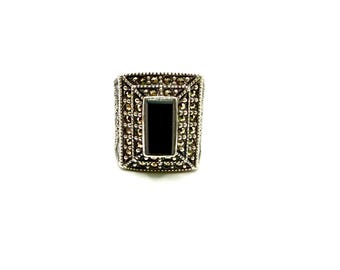 Ring  -  Gothic Style, Male/Female, 925 Sterling Silver, Marcasite and Black Onyx  -  Size 10
